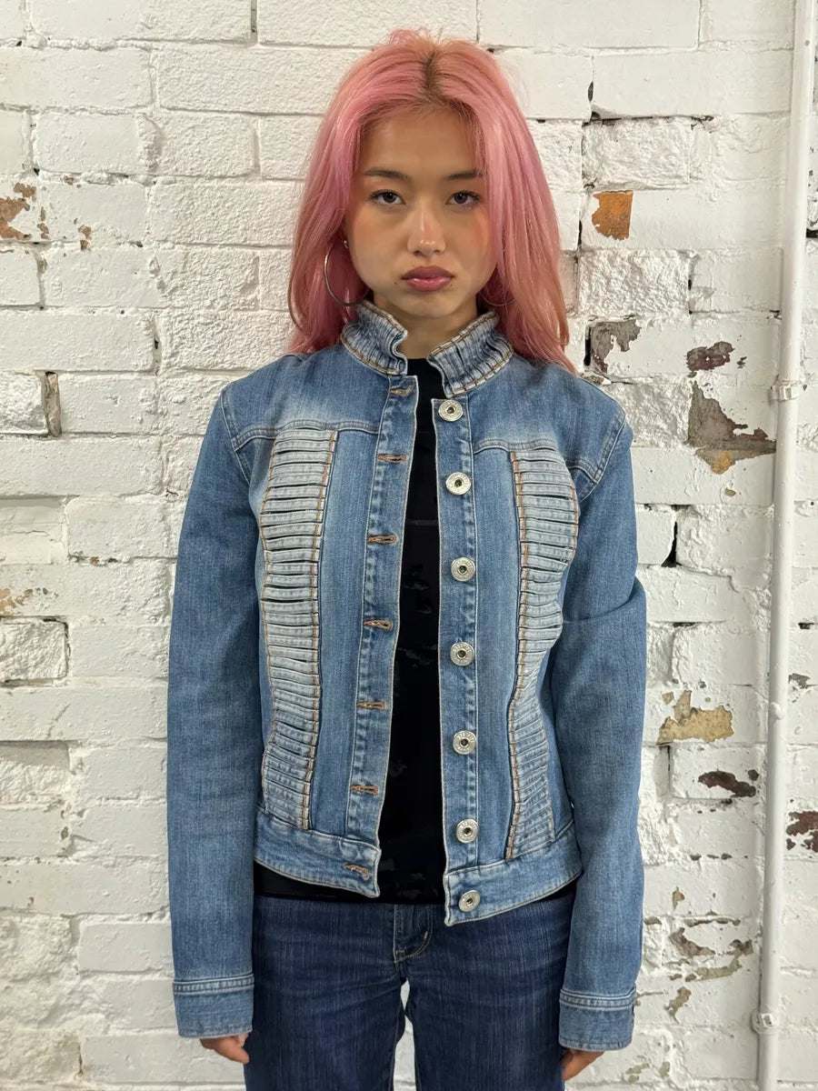 2000s Moschino Pleated Blue Buttoned Denim Jacket OsBQGVa 0