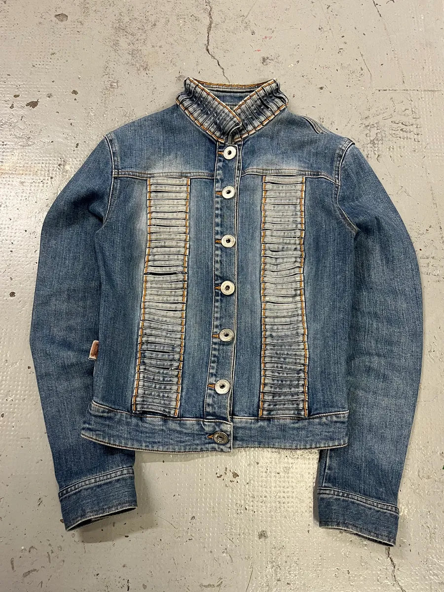 2000s Moschino Pleated Blue Buttoned Denim Jacket OsBQGVa 1