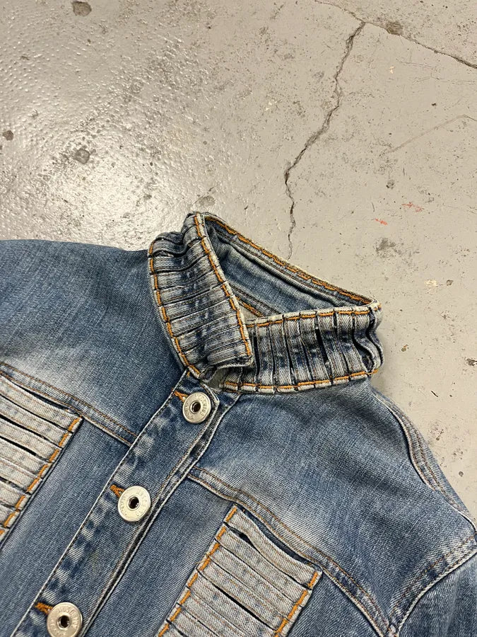 2000s Moschino Pleated Blue Buttoned Denim Jacket OsBQGVa 4