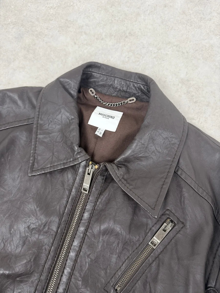 2000s Moschino Spy Brown Leather Jacket sEoumPS 8