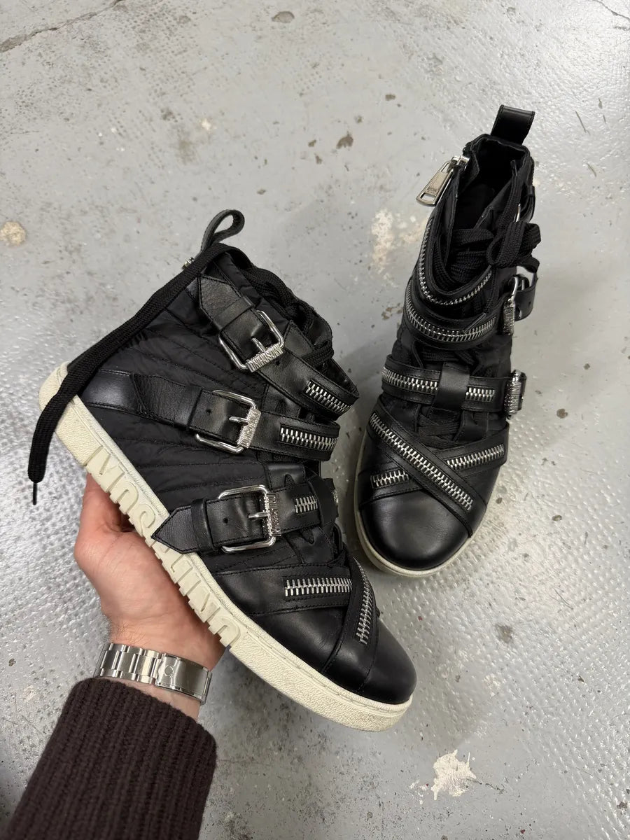 2000s Moschino Straps Zip Leather High Top Sneakers XlqKgnS 0