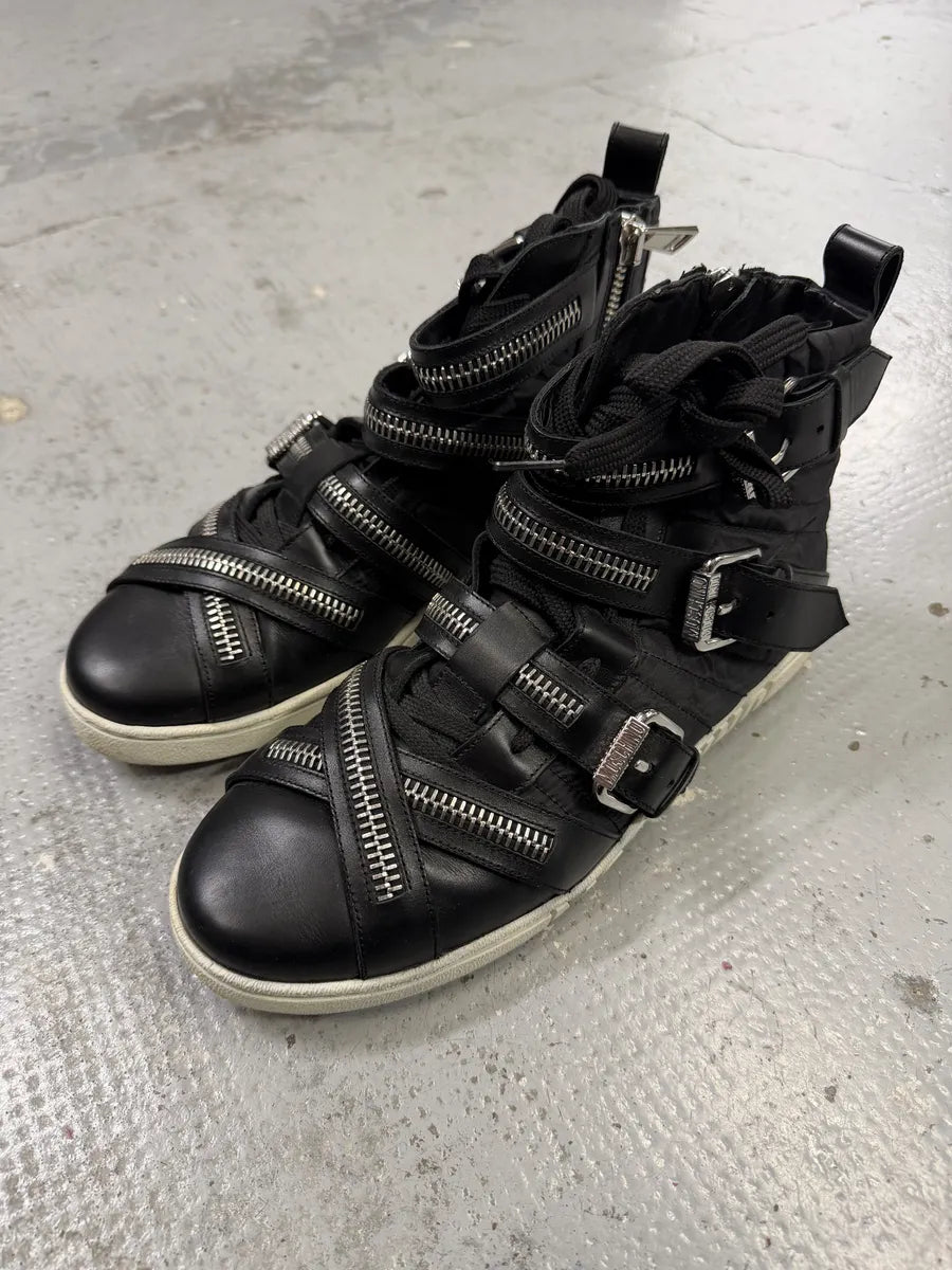2000s Moschino Straps Zip Leather High Top Sneakers XlqKgnS 1