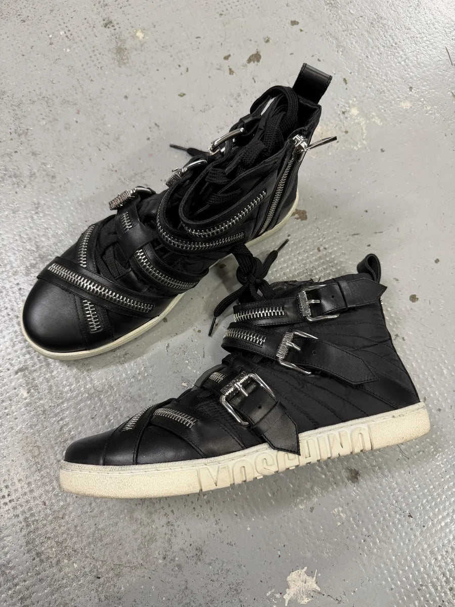 2000s Moschino Straps Zip Leather High Top Sneakers XlqKgnS 3