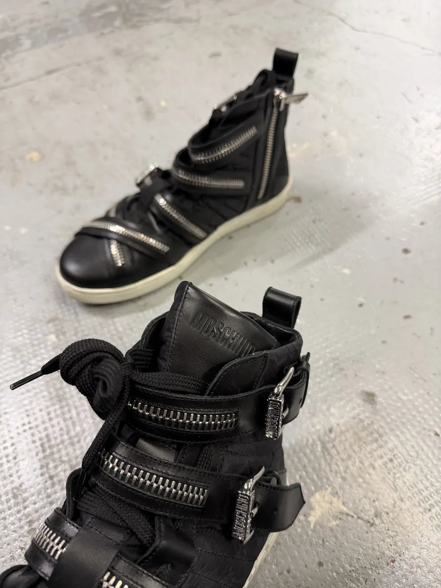 2000s Moschino Straps Zip Leather High Top Sneakers XlqKgnS 9