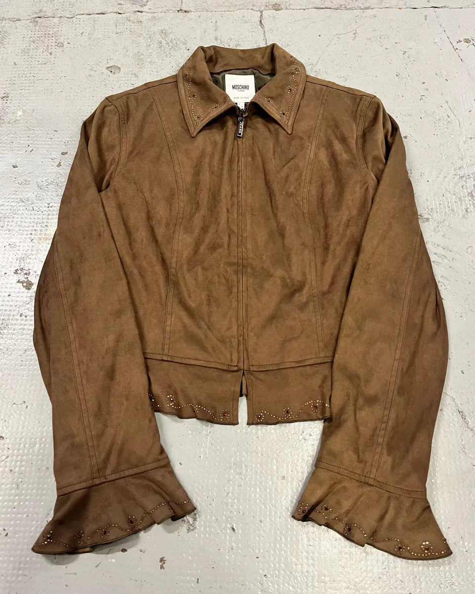 2000s Moschino Studded Ruffle Brown Suede Jacket FxHTQiY 0