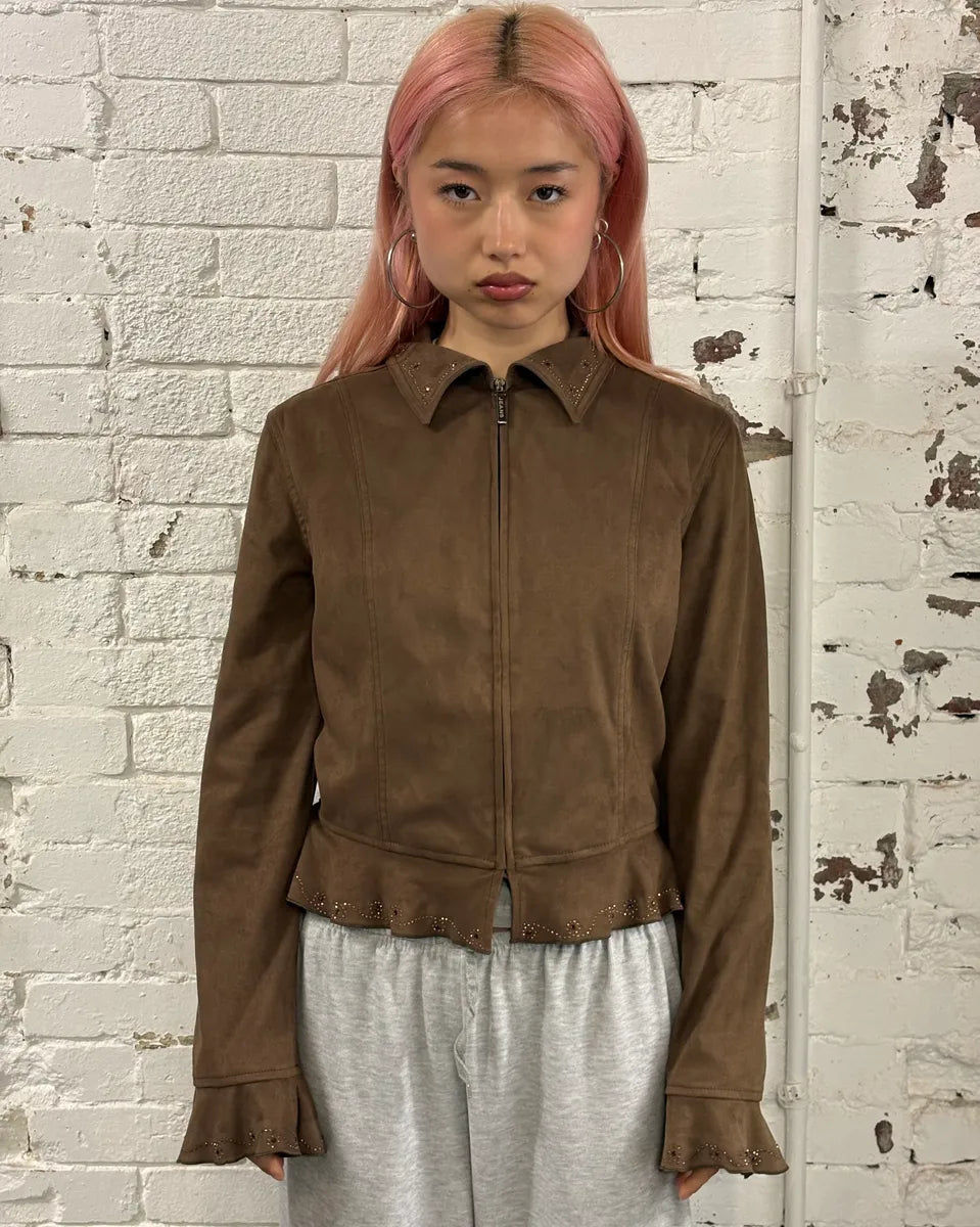 2000s Moschino Studded Ruffle Brown Suede Jacket FxHTQiY 1