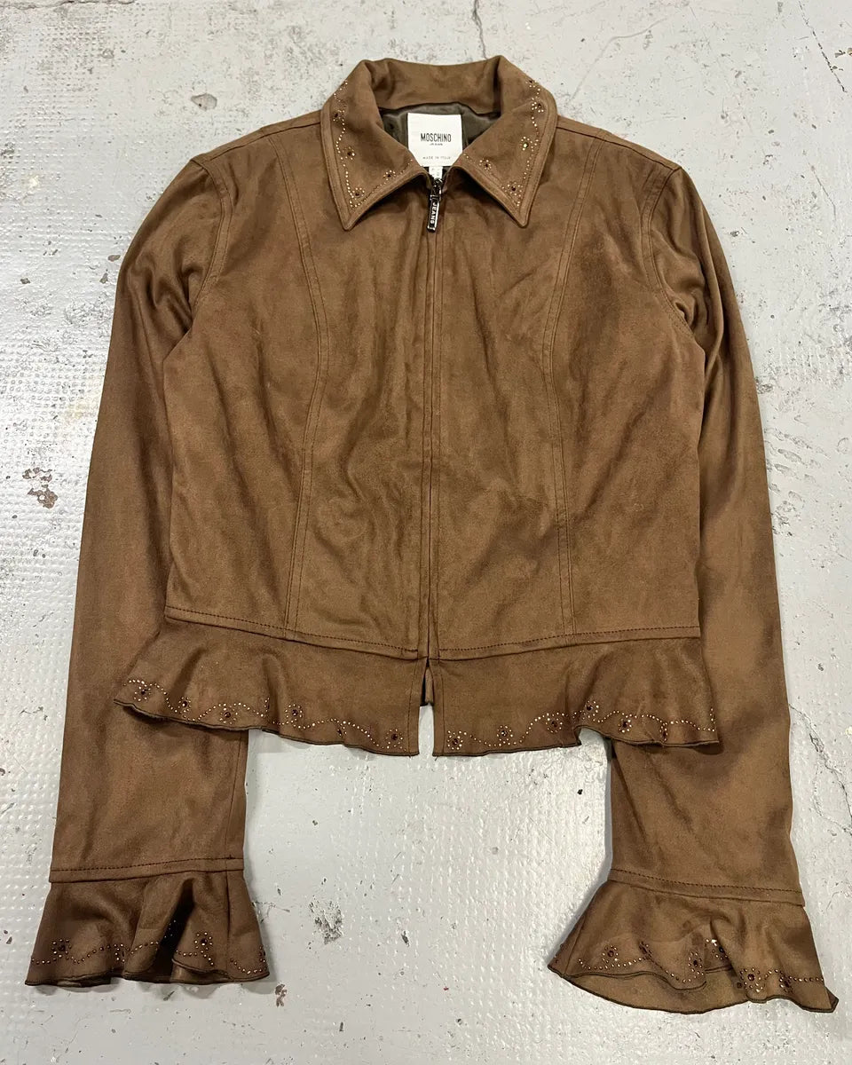 2000s Moschino Studded Ruffle Brown Suede Jacket FxHTQiY 3