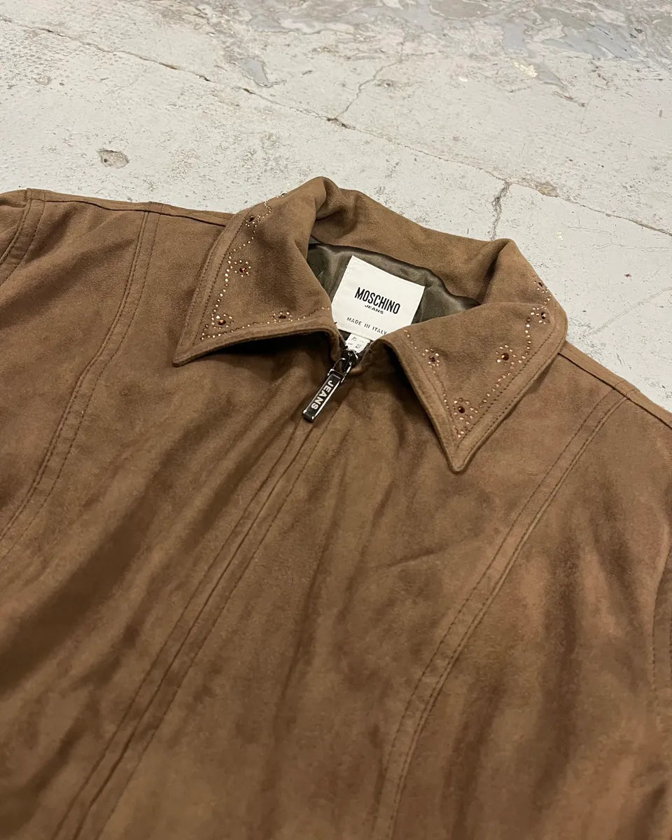 2000s Moschino Studded Ruffle Brown Suede Jacket FxHTQiY 4