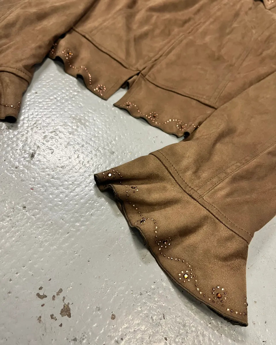 2000s Moschino Studded Ruffle Brown Suede Jacket FxHTQiY 5