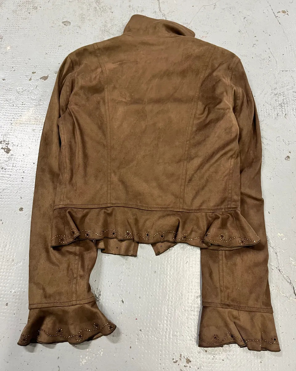2000s Moschino Studded Ruffle Brown Suede Jacket FxHTQiY 6