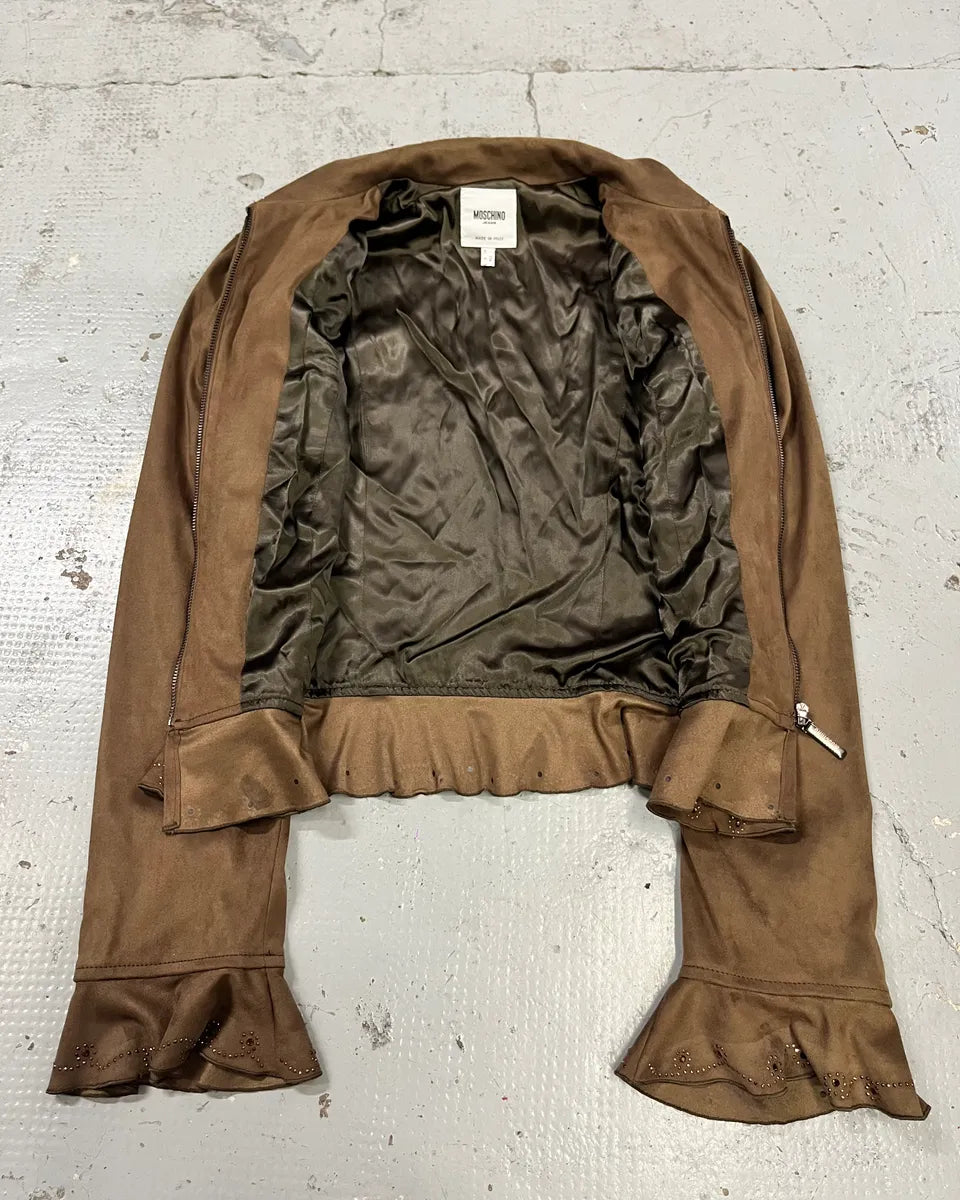 2000s Moschino Studded Ruffle Brown Suede Jacket FxHTQiY 7