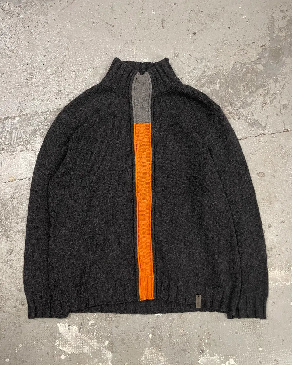 2000s Moschino Turtle Neck V Orange Black Wool Sweater (M) 0