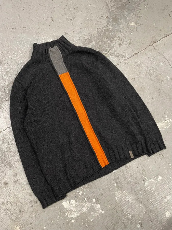 2000s Moschino Turtle Neck V Orange Black Wool Sweater (M) 1