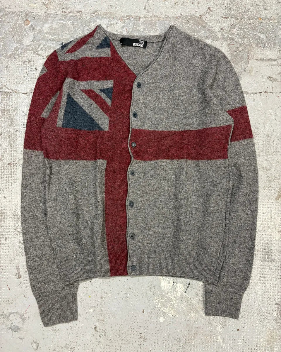 2000s Moschino UK Flag Grey Wool Cardigan fxjtZwB 0