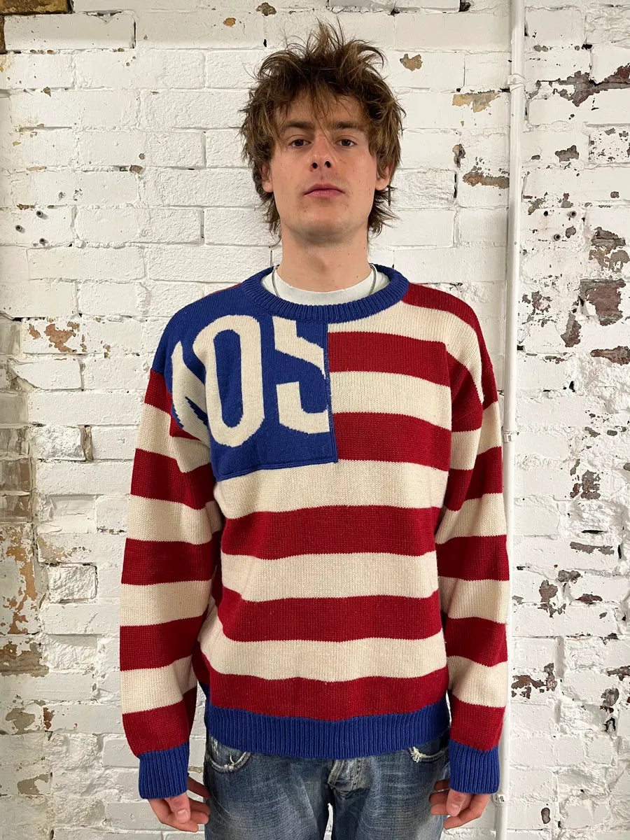 2000s Moschino USA Flag Bootleg Red White Blue Wool Sweater EVwCDGr 1