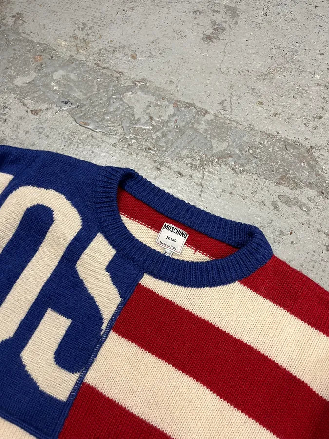 2000s Moschino USA Flag Bootleg Red White Blue Wool Sweater EVwCDGr 4