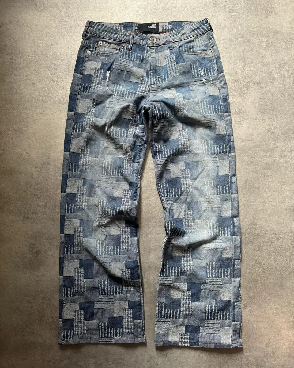 2000s Moschino Visual Patchwork Blue Straight Relaxed Pants (S) eFQYxjk 0