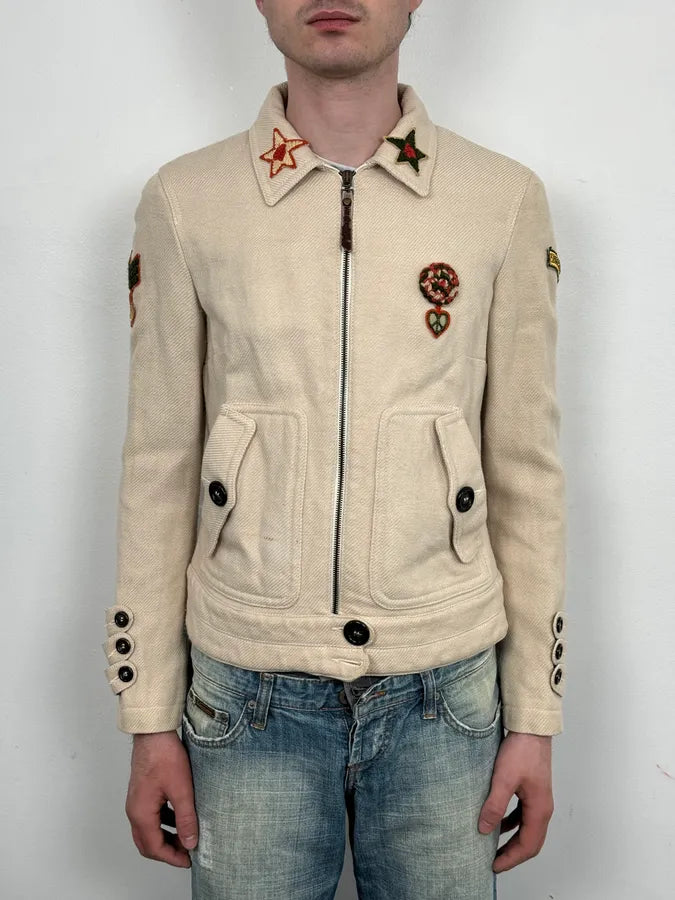 2000s Moschino Beige Cropped Patchwork Bondage Jacket CAndULL 1