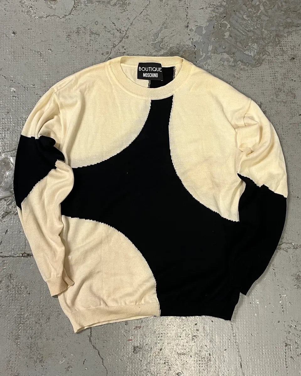 2000s Moschino Wool Black Geometrical White Sweater irPFBpe 0