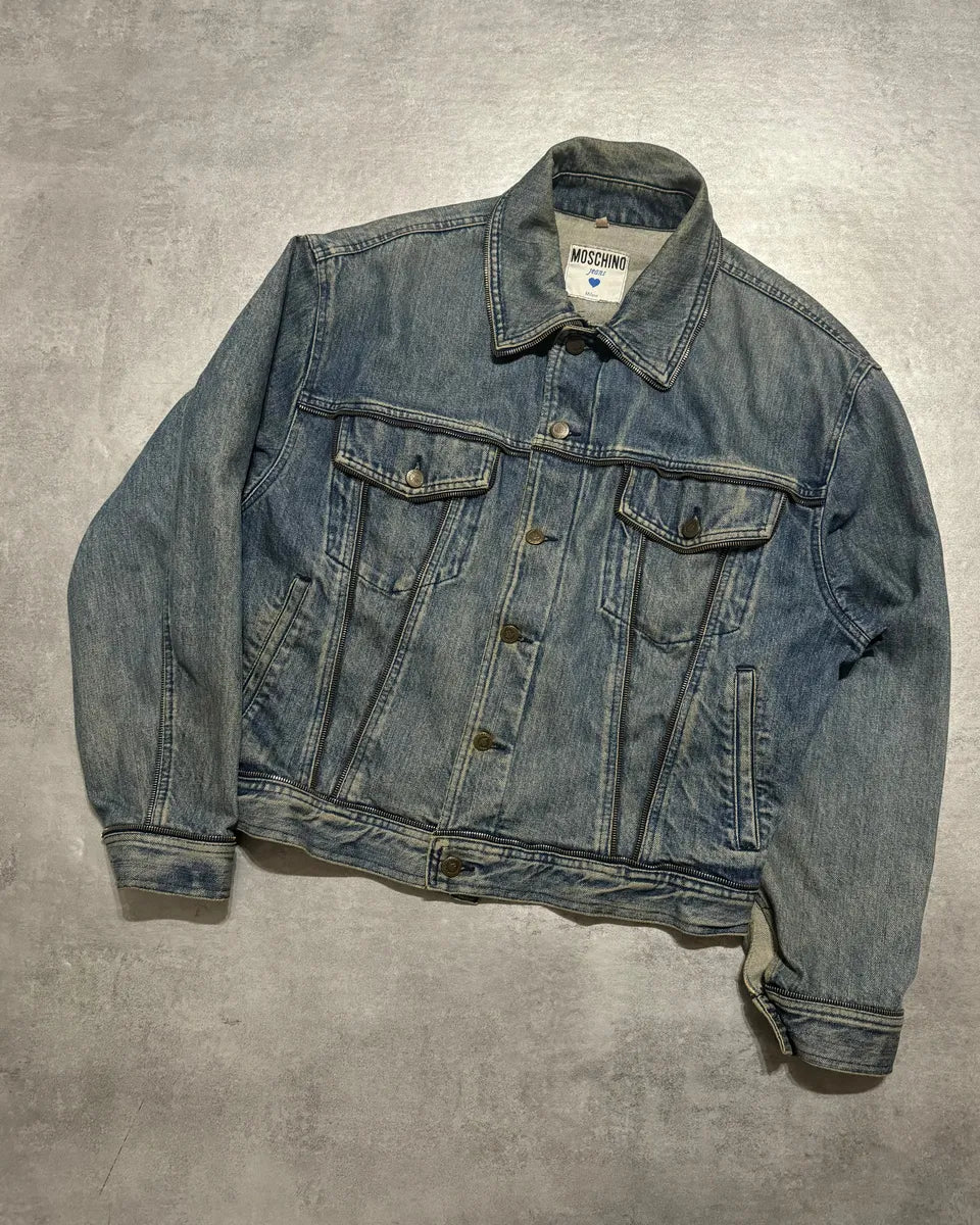 2000s Moschino Zip Propaganda Relaxed Denim Jacket (M) 4