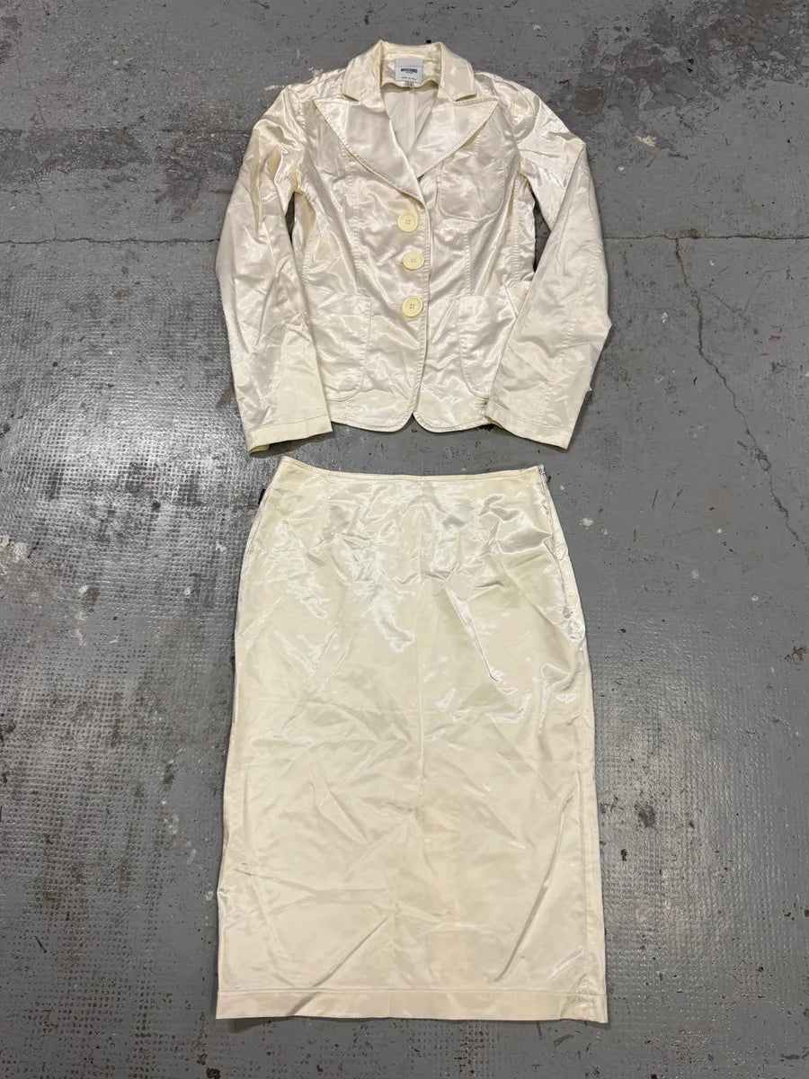 2000s Moschino White Satin Blazer & Skirt Set zybkXVt 0