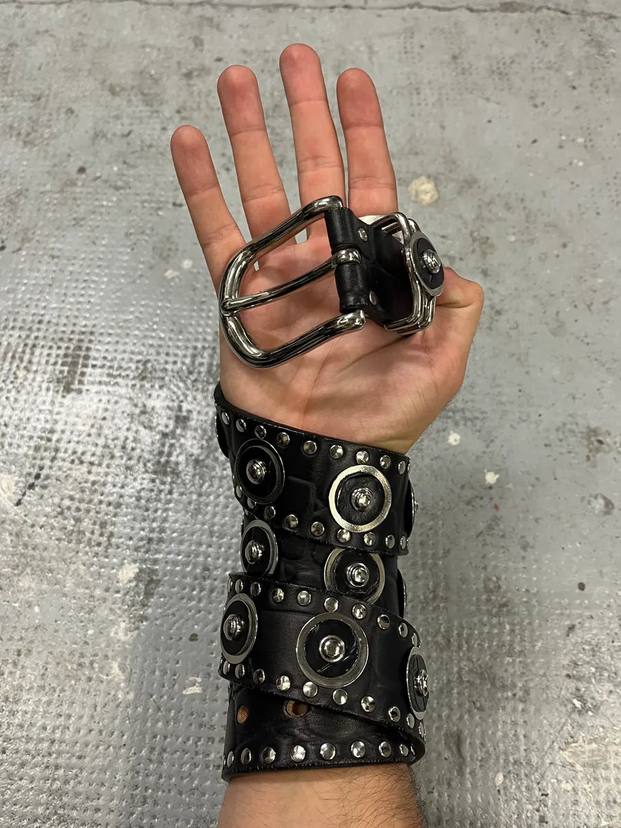 2000s Nanni Black Crocodile Effect Leather Studded Belt EjVVapw 1