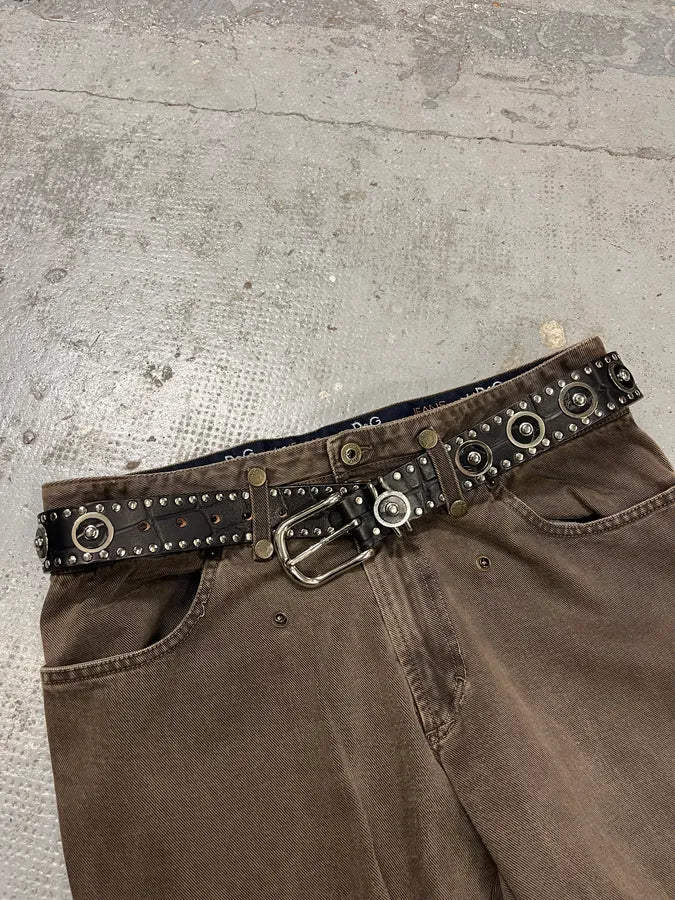 2000s Nanni Black Crocodile Effect Leather Studded Belt EjVVapw 2