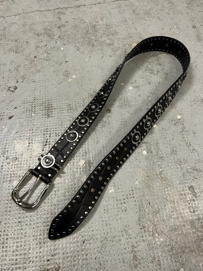 2000s Nanni Black Crocodile Effect Leather Studded Belt EjVVapw 3