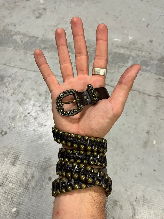 2000s Nanni Black Stripes Leather Studded Belt HfzQEwq 0