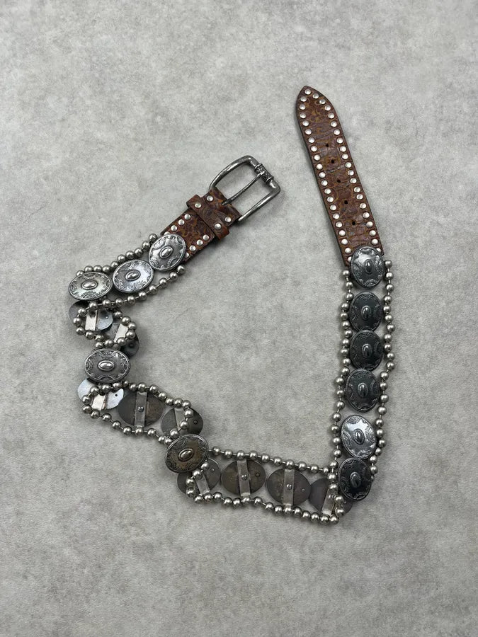 2000s Nanni Studded Metal Shields Brown Leather Belt edtfVOB 2