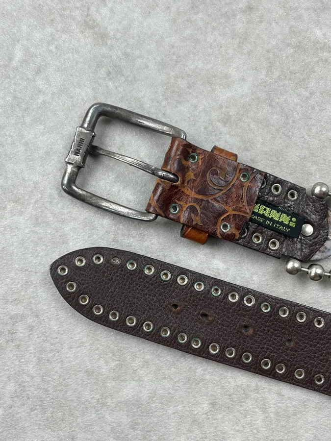 2000s Nanni Studded Metal Shields Brown Leather Belt edtfVOB 6