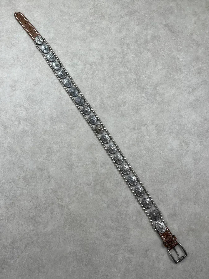 2000s Nanni Studded Metal Shields Brown Leather Belt edtfVOB 8