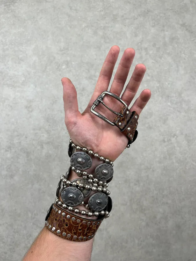 2000s Nanni Studded Metal Shields Brown Leather Belt edtfVOB 1