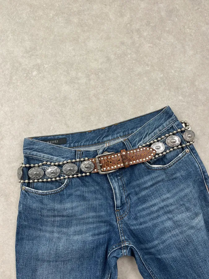 2000s Nanni Studded Metal Shields Brown Leather Belt edtfVOB 0