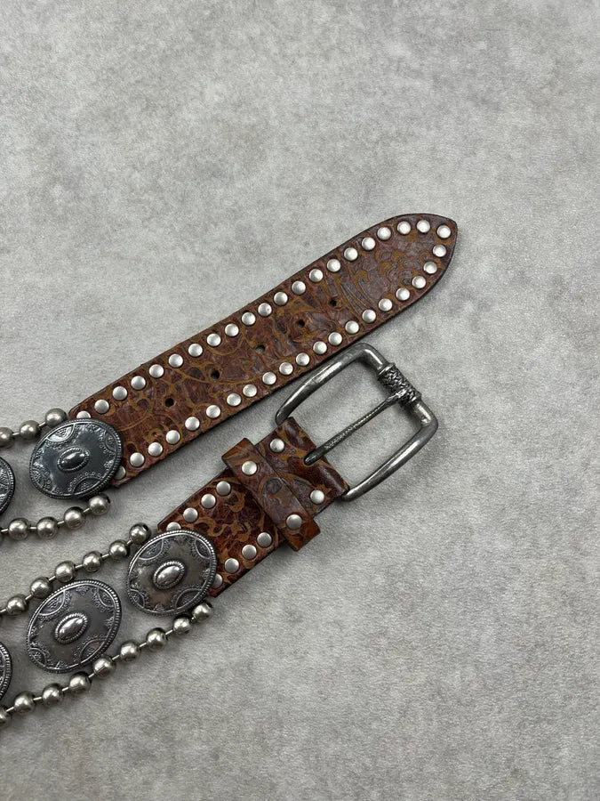 2000s Nanni Studded Metal Shields Brown Leather Belt edtfVOB 5