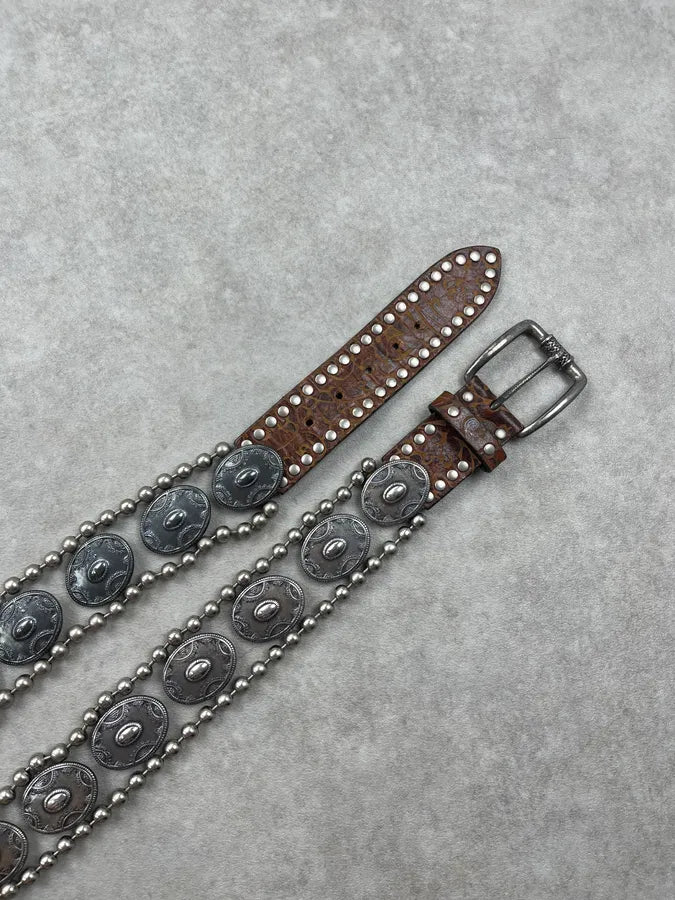 2000s Nanni Studded Metal Shields Brown Leather Belt edtfVOB 3