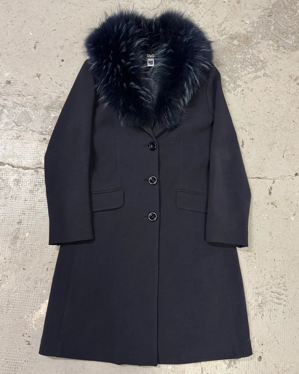 2000s Dolce & Gabbana Navy Fur Collar Sleek Long Jacket (M/L) 0