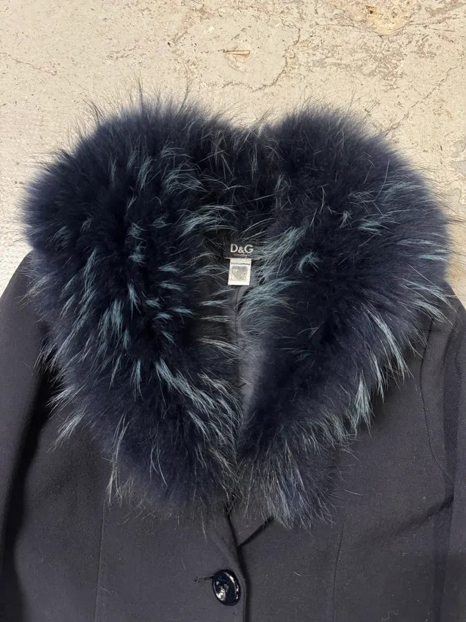2000s Dolce & Gabbana Navy Fur Collar Sleek Long Jacket (M/L) 2