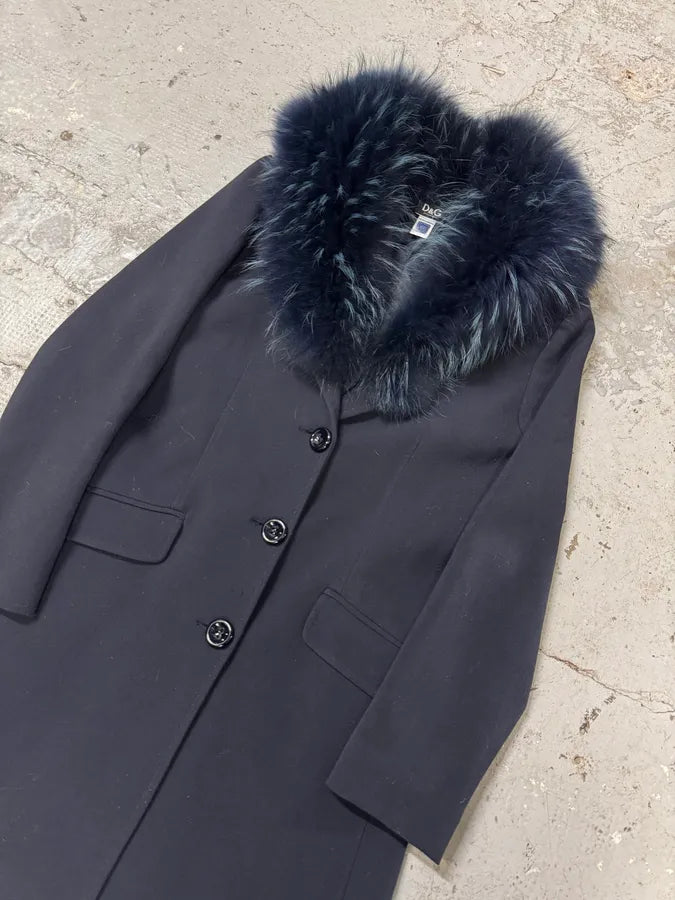 2000s Dolce & Gabbana Navy Fur Collar Sleek Long Jacket (M/L) 3