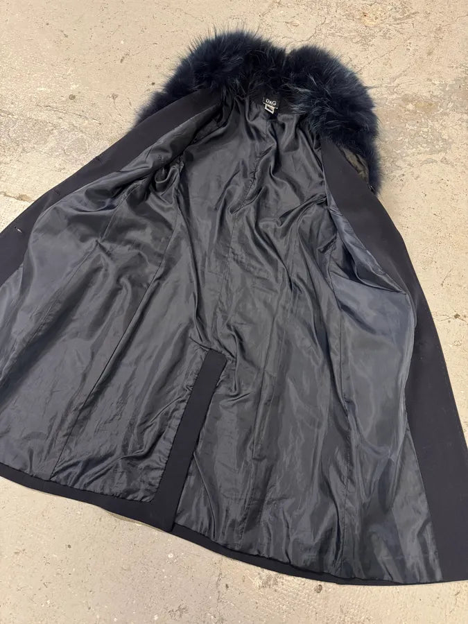 2000s Dolce & Gabbana Navy Fur Collar Sleek Long Jacket (M/L) 5
