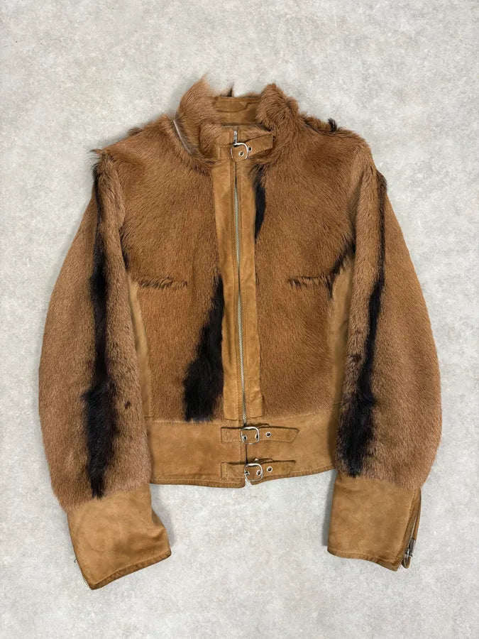 2000s Olivieri Beige Leather Faux Fur Jacket YCVfFzl 0