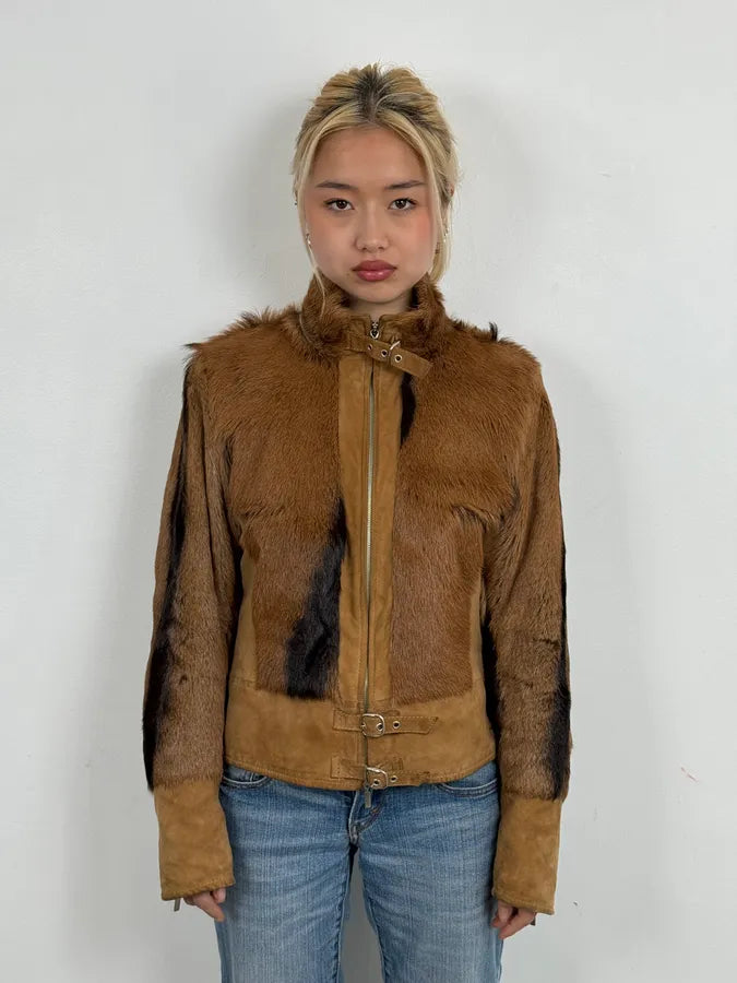 2000s Olivieri Beige Leather Faux Fur Jacket YCVfFzl 1