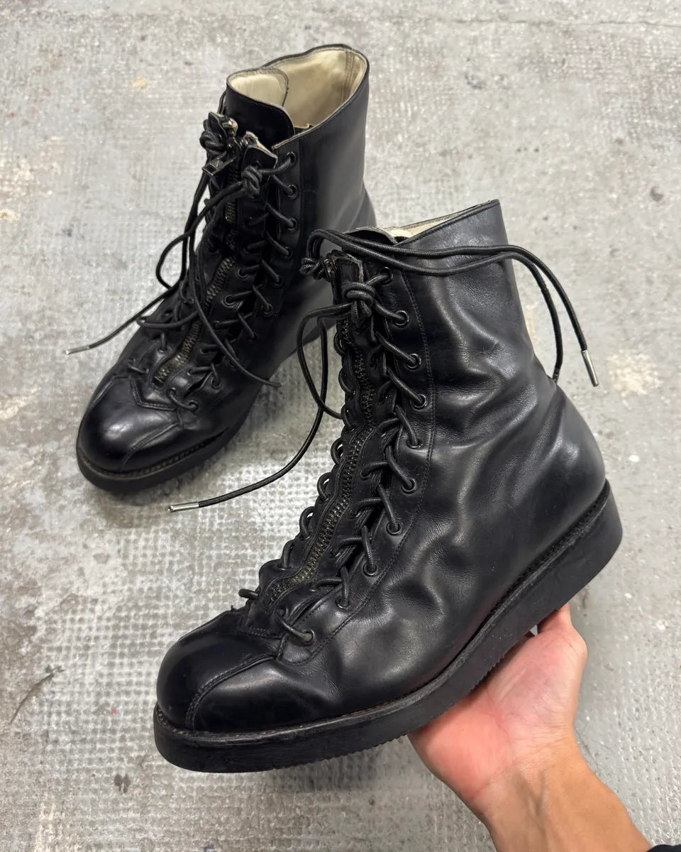 2000s Paraboot Hiking Front Zip Laces Black Leather Boots (42eu/us8.5) 0