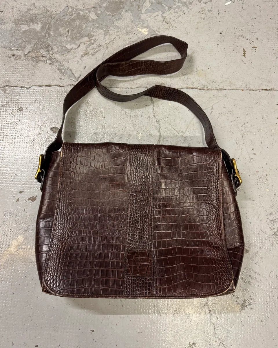 2000s Pierre Balmain Brown Crocodile Effect Leather Shoulder Bag UAMxMOz 0