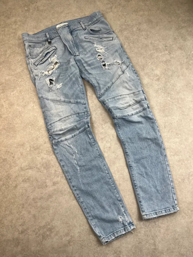 2000s Pierre Balmain Light Blue Biker Denim Distressed Jeans fZkSpAM 4