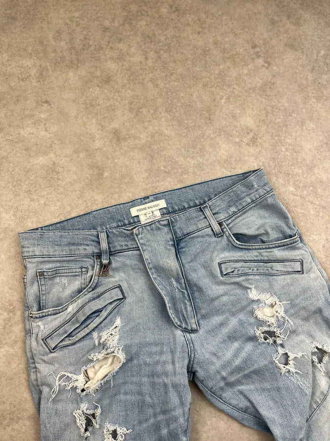 2000s Pierre Balmain Light Blue Biker Denim Distressed Jeans fZkSpAM 5