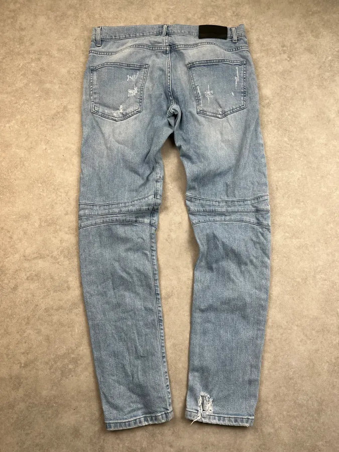 2000s Pierre Balmain Light Blue Biker Denim Distressed Jeans fZkSpAM 6