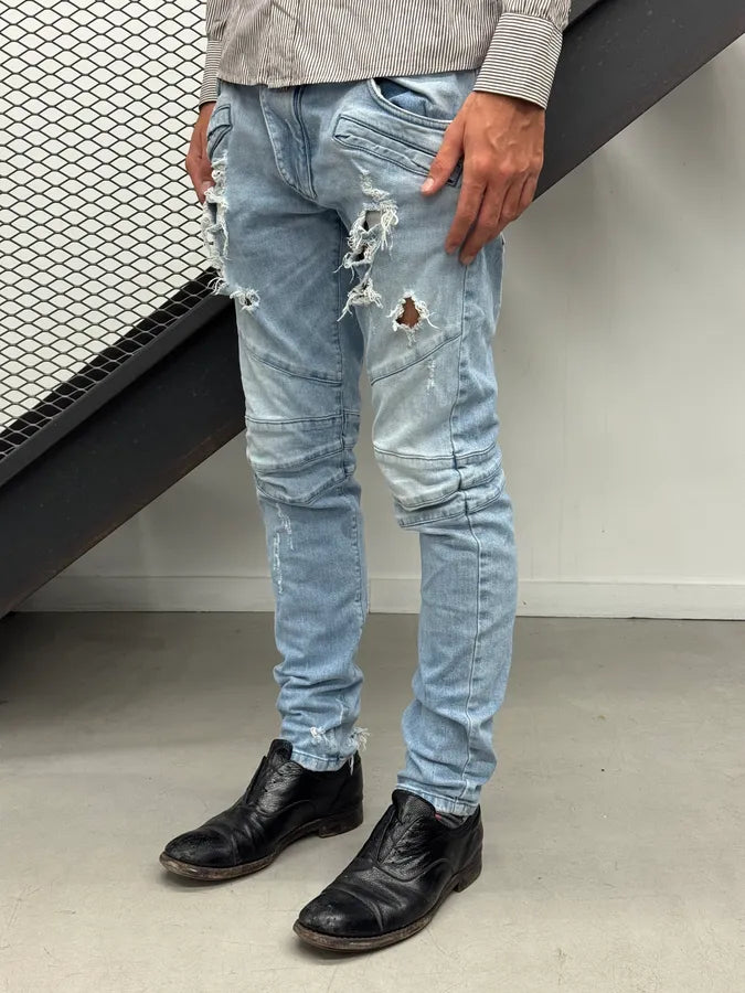 2000s Pierre Balmain Light Blue Biker Denim Distressed Jeans fZkSpAM 1