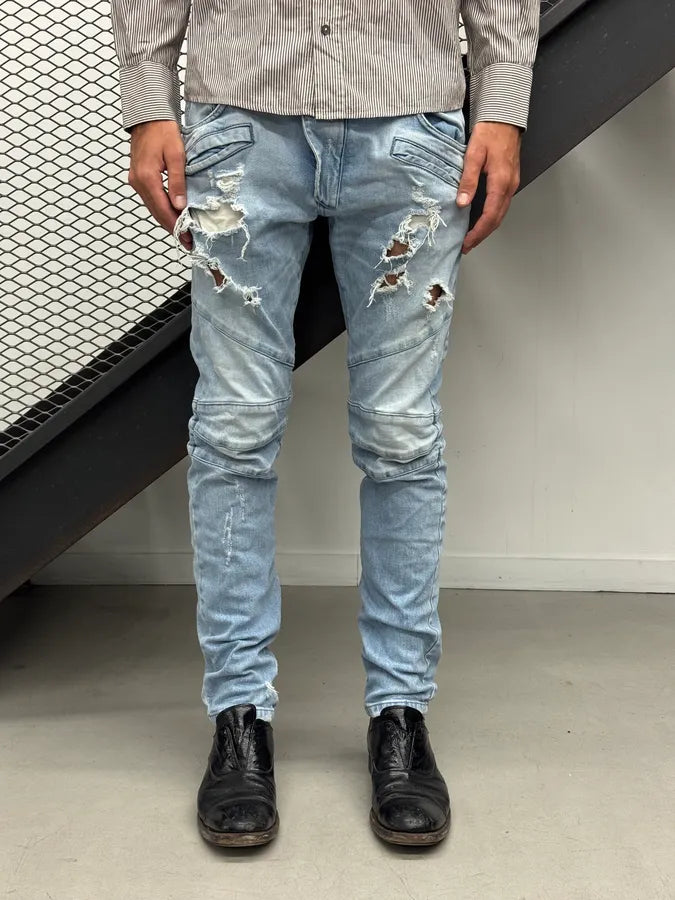 2000s Pierre Balmain Light Blue Biker Denim Distressed Jeans fZkSpAM 0
