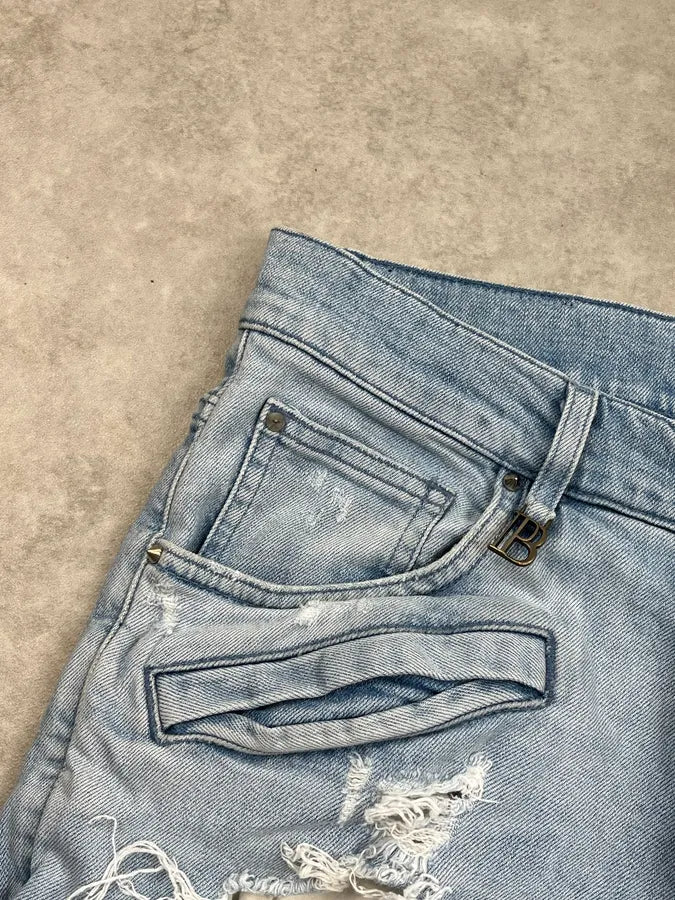 2000s Pierre Balmain Light Blue Biker Denim Distressed Jeans fZkSpAM 9